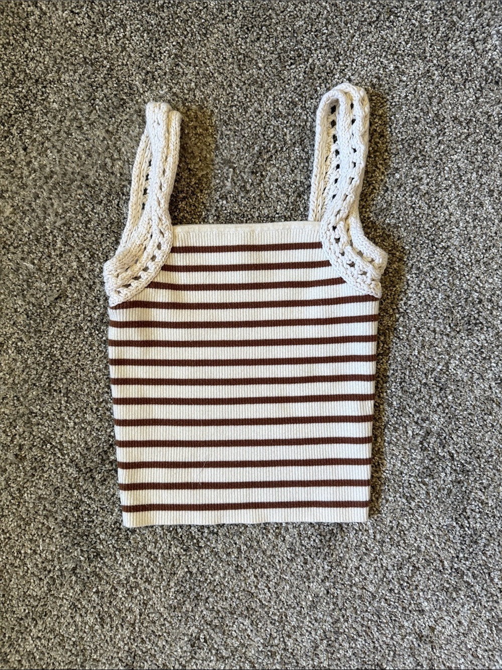aerie Cream and Brown Striped Crochet-Trim Tank